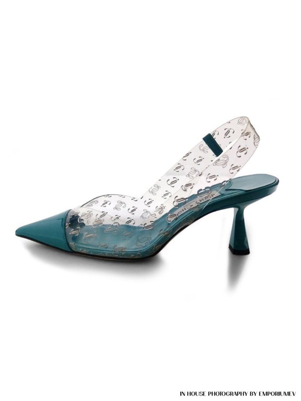 Jimmy Choo Liya 65 Blue Leather Clear PVC Logo Slingback Pumps